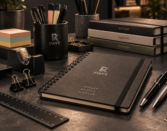 Kalemlik, spiralli defter, yapışkan not kâğıtları ve ataşlar